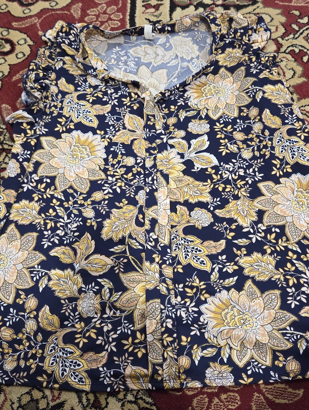 Navy Floral Blouse with Yellow and Cream Flowers